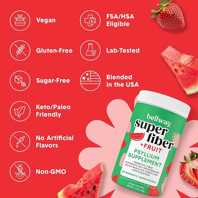 Bellway Super Fiber Powder + Fruit, Sugar Free Organic Psyllium Husk Powder Fiber Supplement for Regularity, Bloating Relief & Gut Health, Non-GMO, Plant-Based, Strawberry Watermelon (50 Servings)