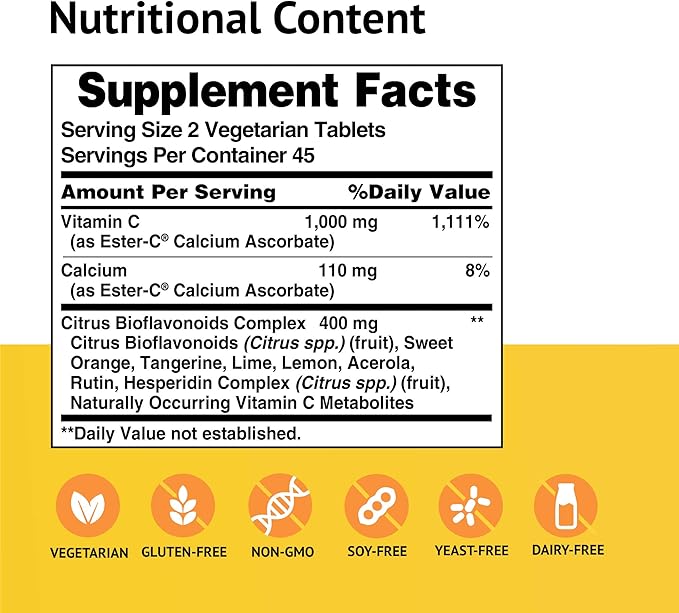 American Health Ester-C With Citrus Bioflavonoids Vegetarian Tablets - 24-Hour Immune Support, Gentle On Stomach, Non-Acidic Vitamin C - Non-GMO, Gluten-Free, Vegan - 500 mg, 90 Count, 45 Servings