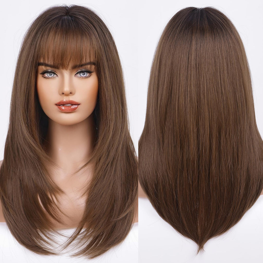 Haircube Dark Brown Synthetic Women'S Wig Layered Wigs With Bangs Middle Length Straight And Heat Resistant