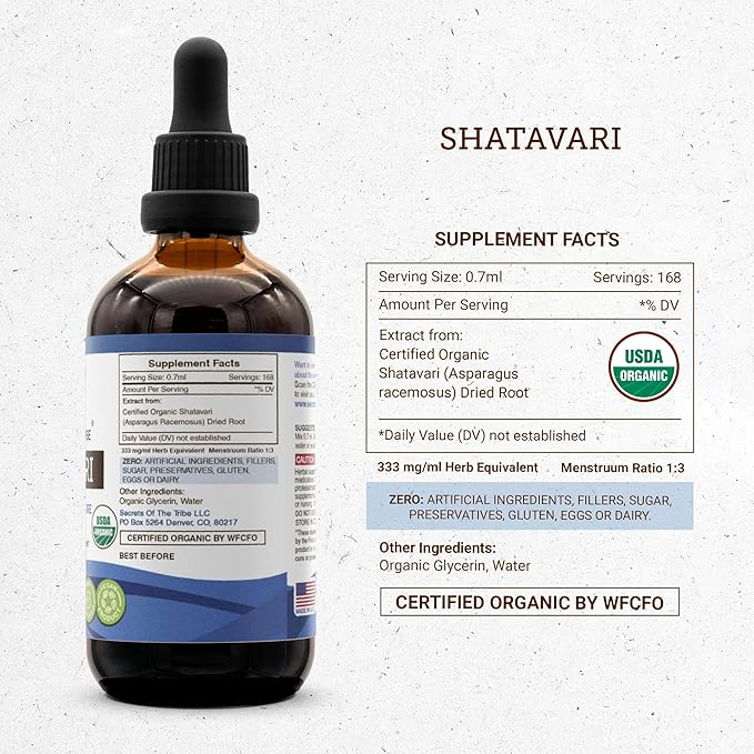 Secrets of the Tribe Shatavari USDA Organic | Alcohol-Free Extract, High-Potency Herbal Drops | Made from 100% Certified Organic Shatavari (Asparagus racemosus) Dried Root (4 oz)