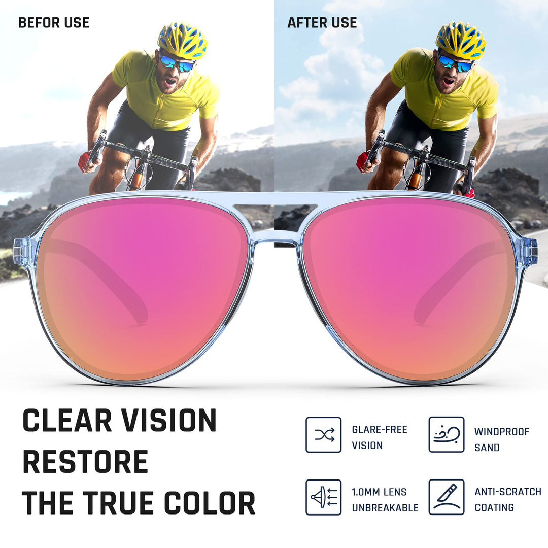 TOREGE Aviator Sunglasses Polarized Sunglasses for Men Women, Lightweight Sports Sun Glasses UV Protection For Fishing Boating Beach Golf Driving TR75(Crystal Blue Grey&Blue Grey&Pink Lens C15)
