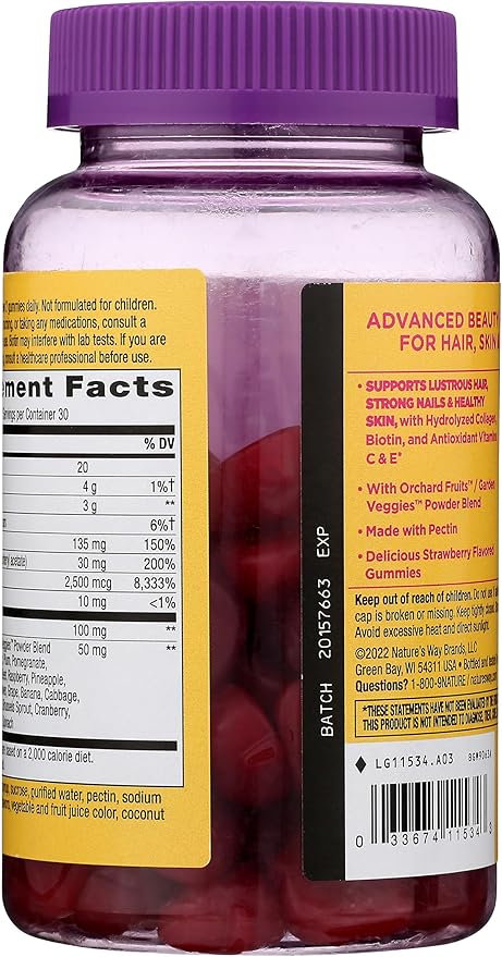 Nature's Way Alive! Hair, Skin & Nails Gummies with Biotin & Collagen, Beauty Support, Strawberry Flavored, 60 Gummies (Pack of 1)