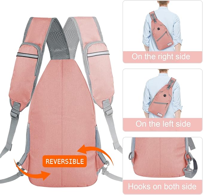 ZOMAKE Sling Bag for Women Men, Small Crossbody Sling Backpack, Mini Water Resistant Shoulder Daypack for Travel, Anti Thief Chest Bag for Hiking, Sports, Pink(new)