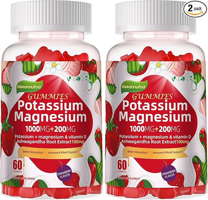 Potassium Magnesium Gummies,High Absorption Magnesium Glycinate,B6,D3,Potassium Citrate for Leg Cramps,Muscle,Electroyte for Adults Kids,Sugar-Free, 120 Gummies (Strawberry Flavor)