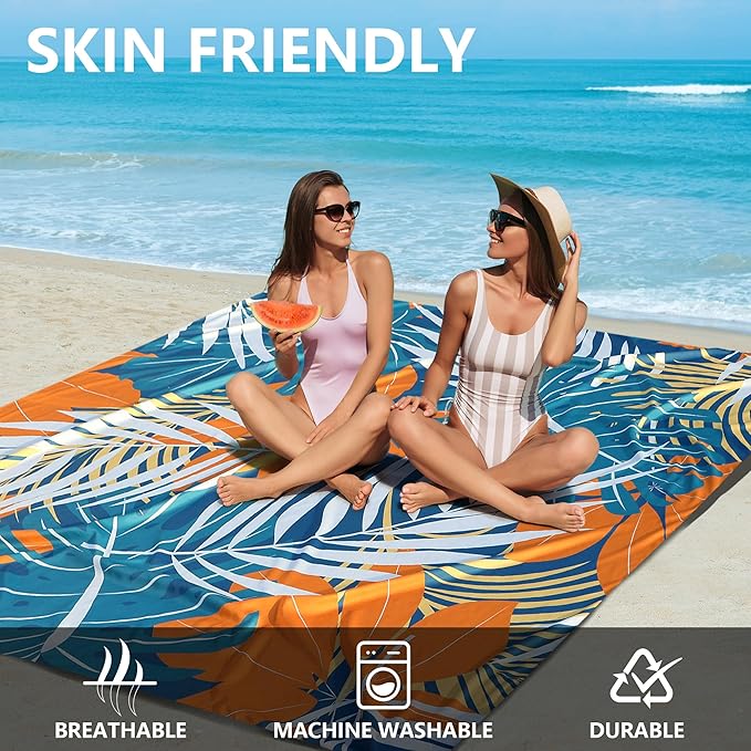 Beach Blanket Waterproof Sandproof Beach Mat 79”x 83” for 1-4 Adults Quick Drying Durable Outdoor Picnic Mat for Beach Festival Travel Camping Hiking (BK&GN&O-Palm, 79"×83"(4 Person))