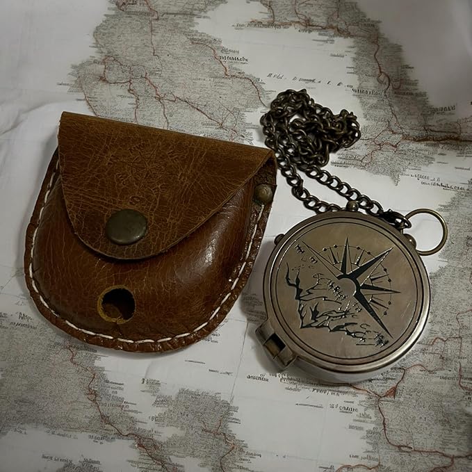 Antique Brass Compass with Detachable Chain & Carrying Case – Vintage Nautical Navigation Tool for Outdoor Hiking, Survival, and Travel – Gift for Collectors and Adventurers
