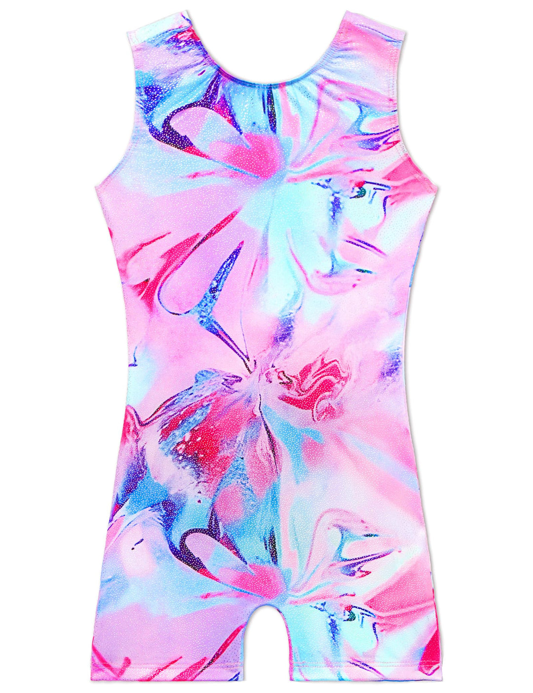 TENVDA Girls Leotards for Gymnastics Size 6-7 Years Old Sparkle Pink Flowers Printed Sleeveless Biketard Unitards