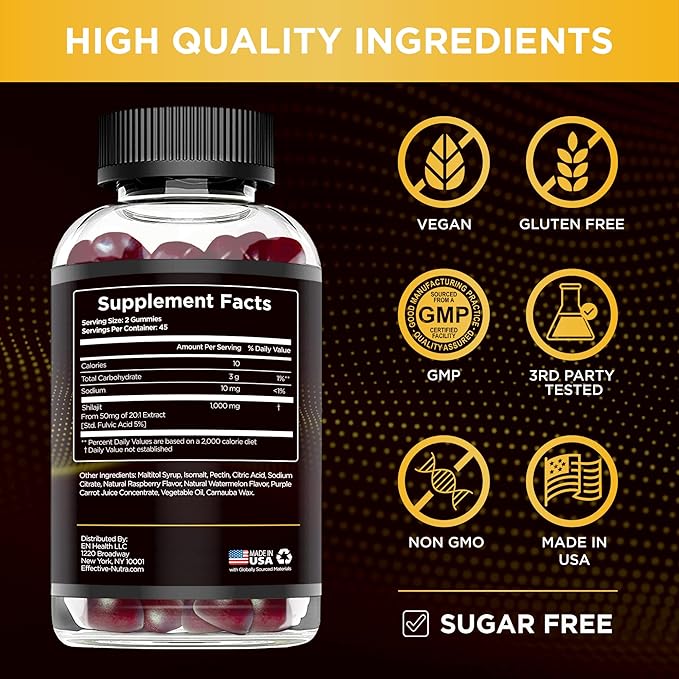 Shilajit Gummies 1000mg | Pure Shilajit Resin for Energy, Brain & Immunity | Supplement for Men & Women | Sugar-Free, Vegan, Gluten-Free | Natural Berry Flavor, Made in USA (90ct)