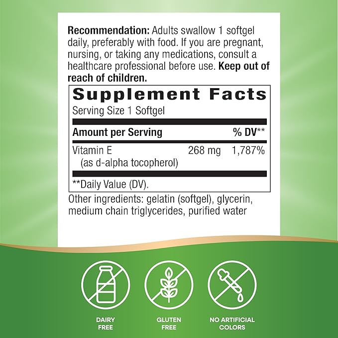 Nature’s Way Vitamin E D-Alpha Tocopherol - 268 mg per serving - Antioxidant – Essential Nutrient for Heart Muscle Cells* - Gluten Free - 100 Softgels