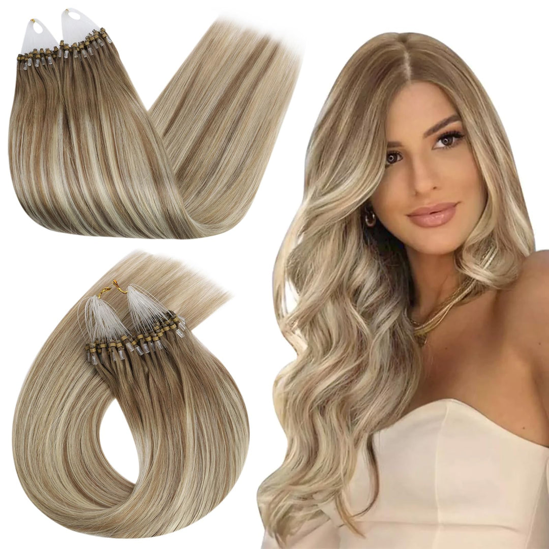Ugeat Ombre Mico Bead Hair Extensions Human Hair Balayage Medium Length 18 Inch Platinum Blond Micro Loop Hair Extensions Light