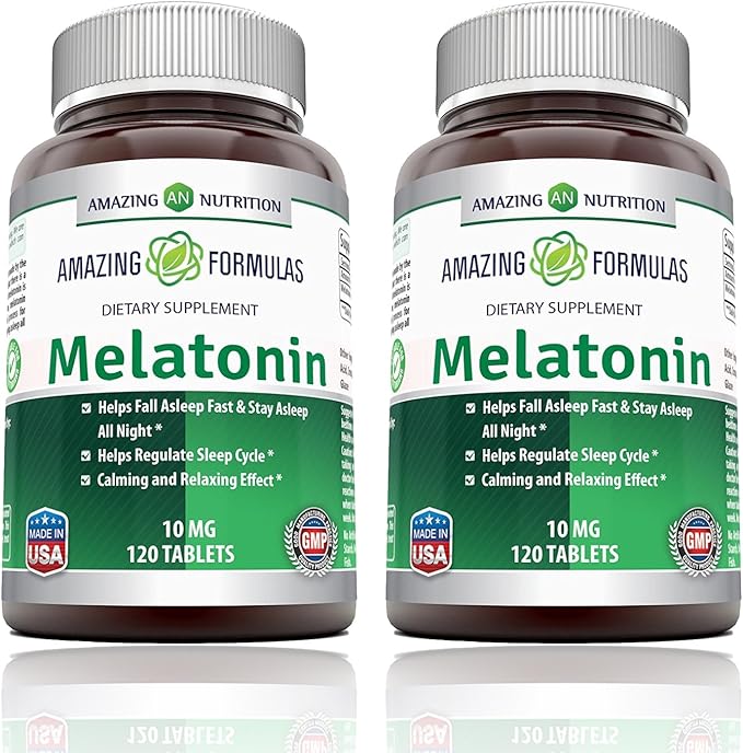 Amazing Formulas Melatonin 10mg Tablets Supplement | Helps Regulate Sleep Cycle | Non GMO | Gluten Free | Made in USA (120 Count | 2 Pack)