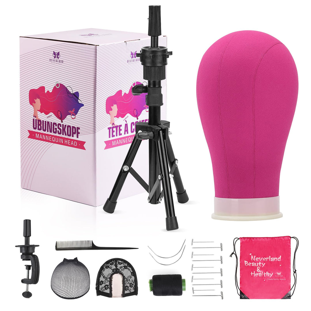 Neverland Beauty & Health Wig stand with Head,Wig Head Mannequin Head with Wig Stand Tripod,Manikin Canvas Head Set for Wigs Making Display with Wig caps,T Pins Set Bristle Brush(Red)