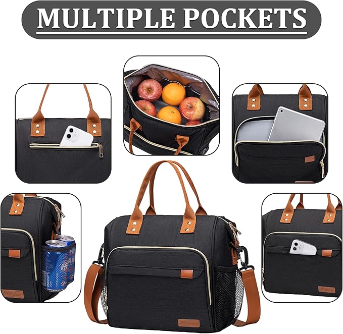 Black Lunch Box for Women Insulated Lunch Bag for Work - Adult Stylish Lunch Tote Bag for Shopping Soft Cooler for Beach Picnic Travel