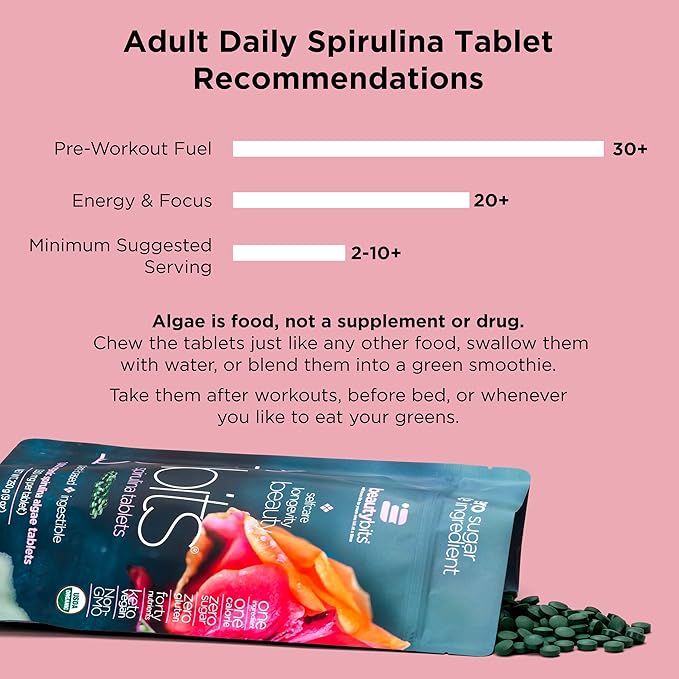 BEAUTYbits - Organic Spirulina Tablets - Algae Superfood - Collagen, Protein, Chlorophyll - Hair, Nails, & Skin Care - Vegan, Keto, Gluten Free - Self Care - Skincare Beauty Gifts - 1000 Tablet Can