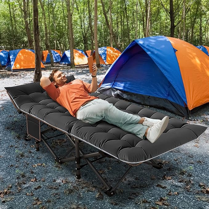 ABORON Folding Camping Cot W/Mat for Adults, Heavy Duty Outdoor Bed with Carry Bag,1200 D Layer Oxford Travel Camp Cots (Black Cot with Black Cotton Pad)