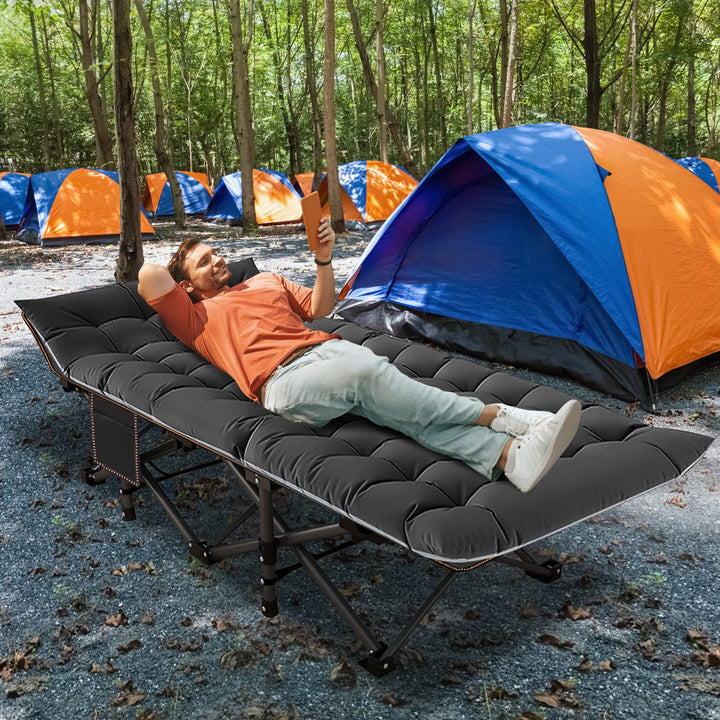 ABORON Folding Camping Cot W/Mat for Adults, Heavy Duty Outdoor Bed with Carry Bag,1200 D Layer Oxford Travel Camp Cots (Black Cot with Black Cotton Pad)