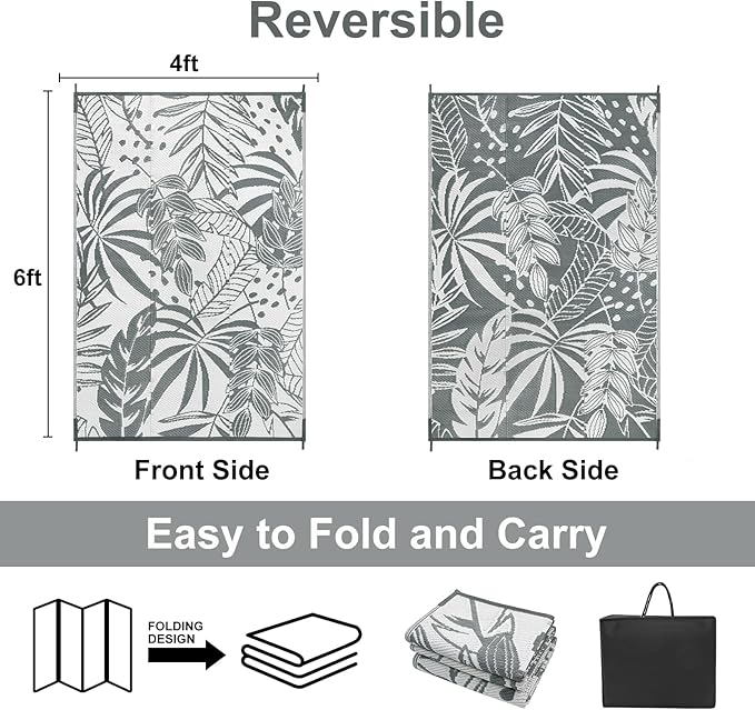 Anidaroel Outdoor Rugs 4x6ft for Patios Clearance Waterproof, Reversible Tropical Plastic Straw Camping Mat Outside Rug, Large Outdoor Area Rug for RV, Porch, Deck, Balcony, Picnic(4'x6')