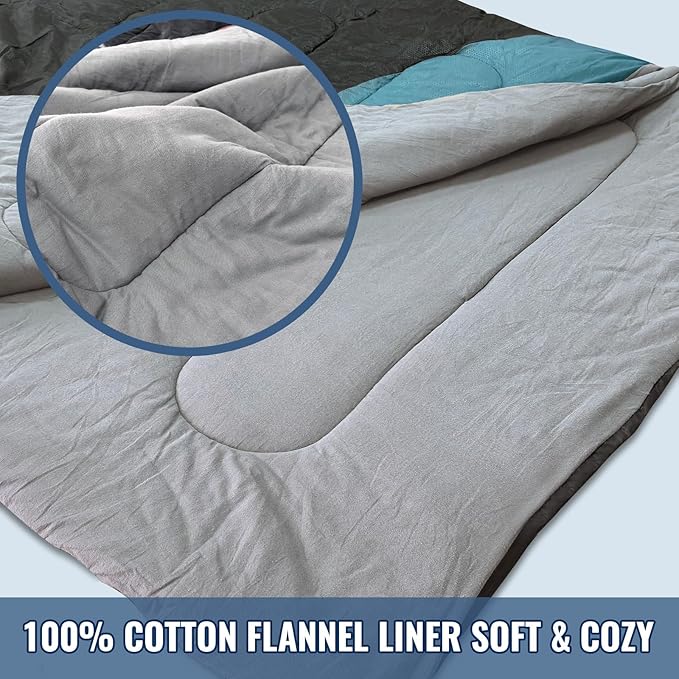 Cotton Flannel Double Sleeping Bag for Adults Machine Washable 2 Person Camping Sleeping Bag Queen Size Waterproof with Compression Sack for Cold Weather 3-4 Seasons