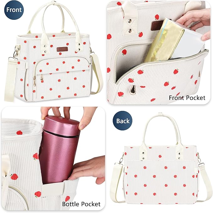 Lunch Bag Lunch Box Women - Leakproof Insulated Lunch Cooler Bag for Women - Large Lunch Tote Bags Adults, Corduroy Apple