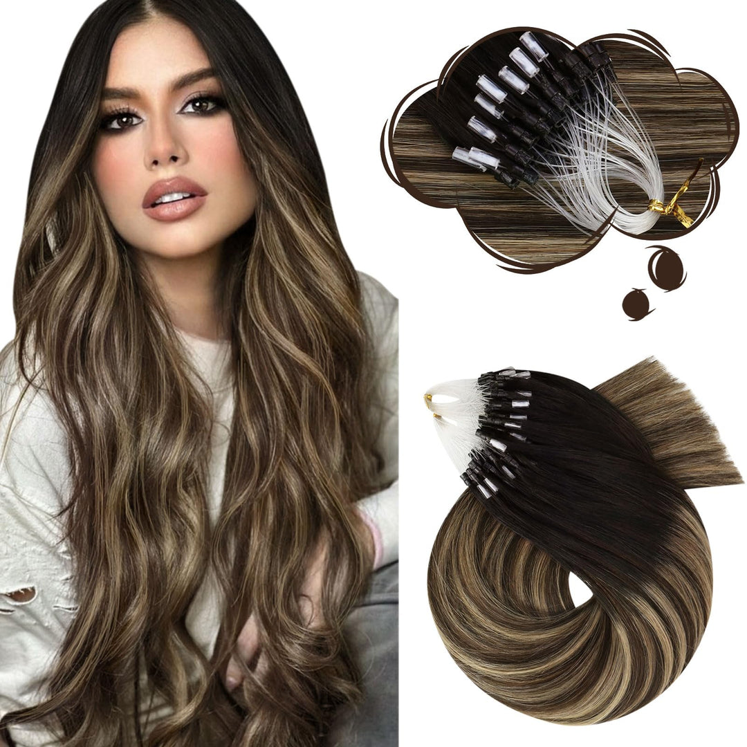Moresoo Micro Loop Hair Extensions Real Human Hair Balayage Black To Dark Brown With Blonde Micro Link Hair Extensions Human Omb