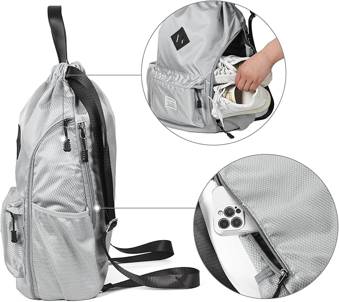 ALUSBELL Large Drawstring Backpack Bag, Sports Gym Bag String Sackpack with Shoes Compartment, Waterproof String Bag Cinch for Women Men(Gray)