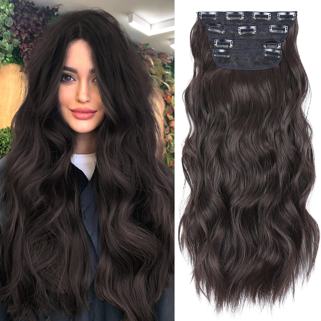 Clip In Hair Extensions 4Pcs Brown Black Thick Hair Piece 20 Inches Long Wavy Clip In Extensions Full Head Synthetic Hairpieces