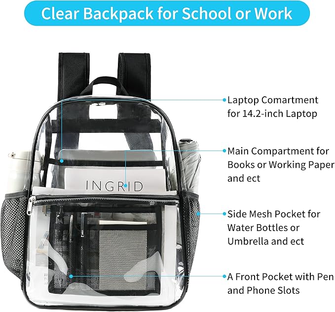 USPECLARE Clear Backpack for Stadium Approved 12×6×12, Water proof Clear Bag for Stadium Events and Concert Work Sport Event