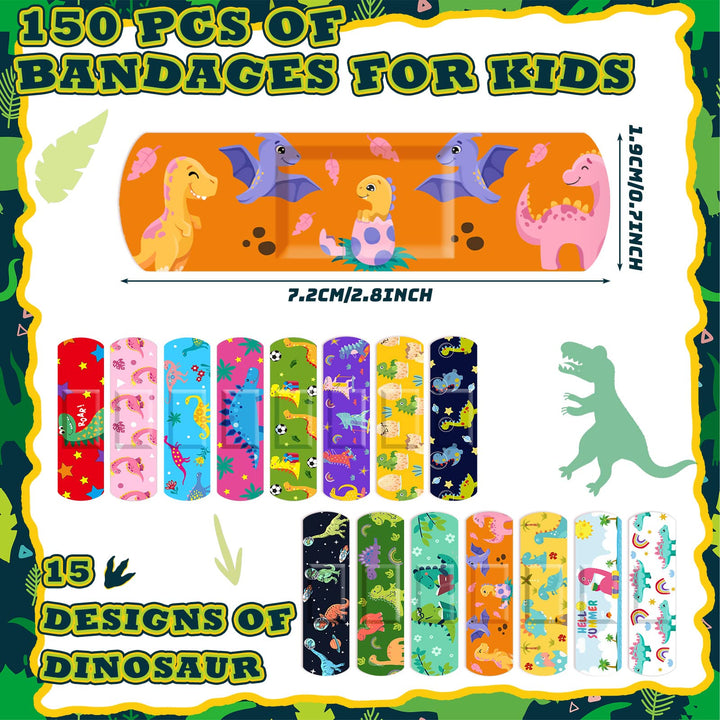 Estune 150 Pcs Bulk Kids Bandages Dinosaur 15 Styles Fun Children's Adhesive Bandages Colorful PE Flexible Bandages Cartoon Bandages for Kids Boys Girls Students