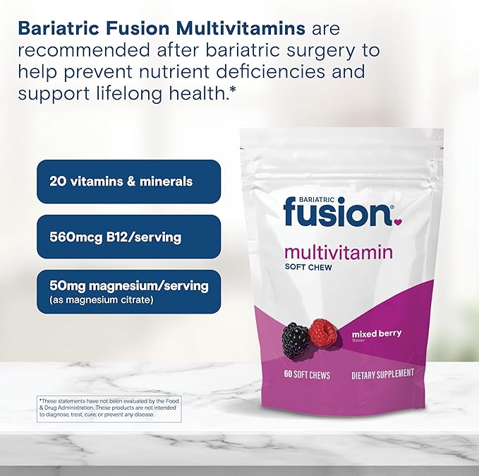 Bariatric Fusion Bariatric Multivitamin Soft Chew | Mixed Berry Fruit Flavor Chewy | Sugar Free Chewable Multivitamin Post Bariatric Surgery | Gastric Bypass and Sleeve | 60 Count | 1 Month Supply