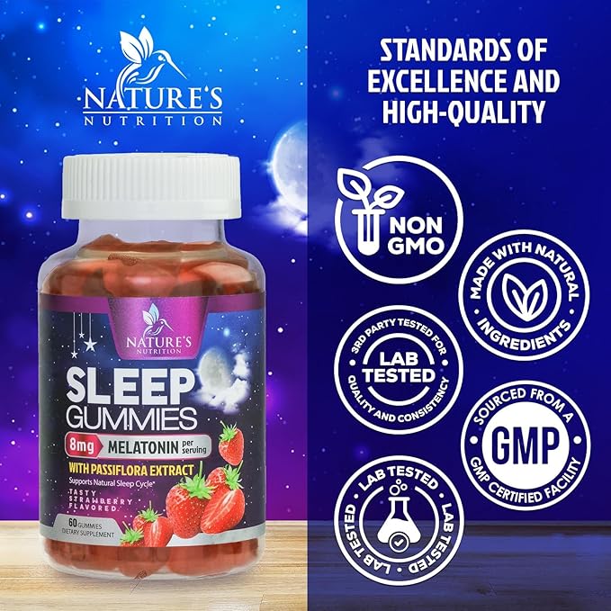 Sleep Gummy 8mg Melatonin - Extra Strength Sleep Support with 20mg Passiflora, Natural Sleeping Gummies for Adults, Vegan & Non-GMO, Melatonin Supplement for Restful Sleep Women & Men - 60 Gummies