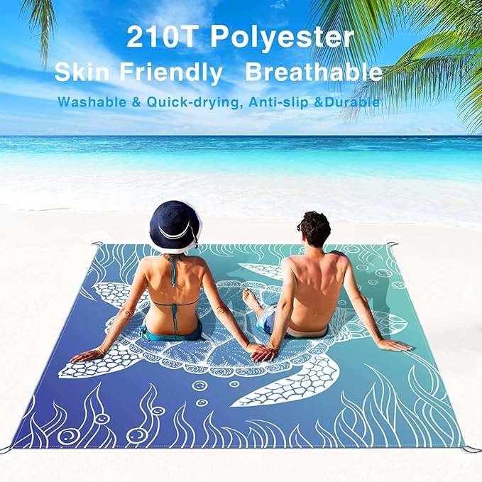 Beach Blanket, Waterproof Sandproof Beach Mat Oversized 79 X 83 Inch for 4-6 Adults, Lightweight Picnic Blanket, Portable Picnic Mat for Outdoor Travel Camping Hiking with 4 Stakes & 4 Corner Pocket