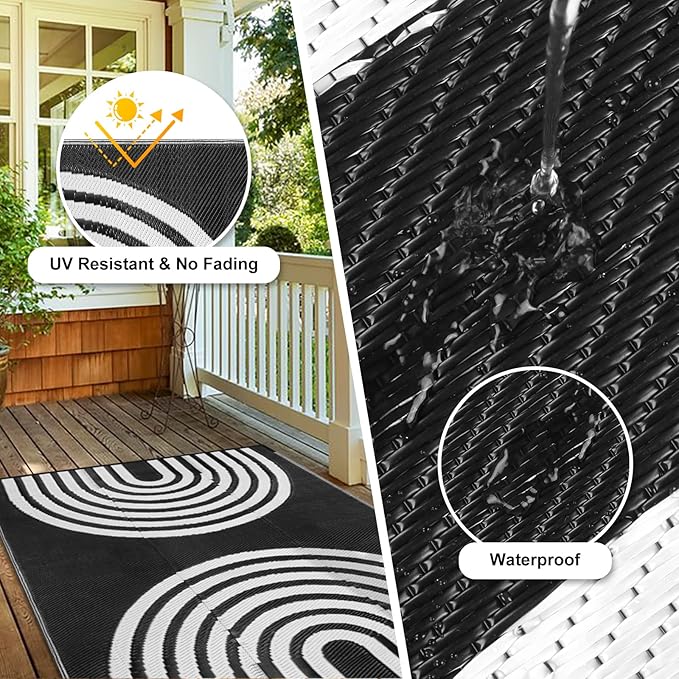 Anidaroel Outdoor Area Rug for Patio Clearance 6X9ft Waterproof, Reversible Plastic Straw Rug Outside Rug, UV Resistant RV Mat for Camping, Porch, Balcony, Pool Deck(Black&White, 6‘x9')