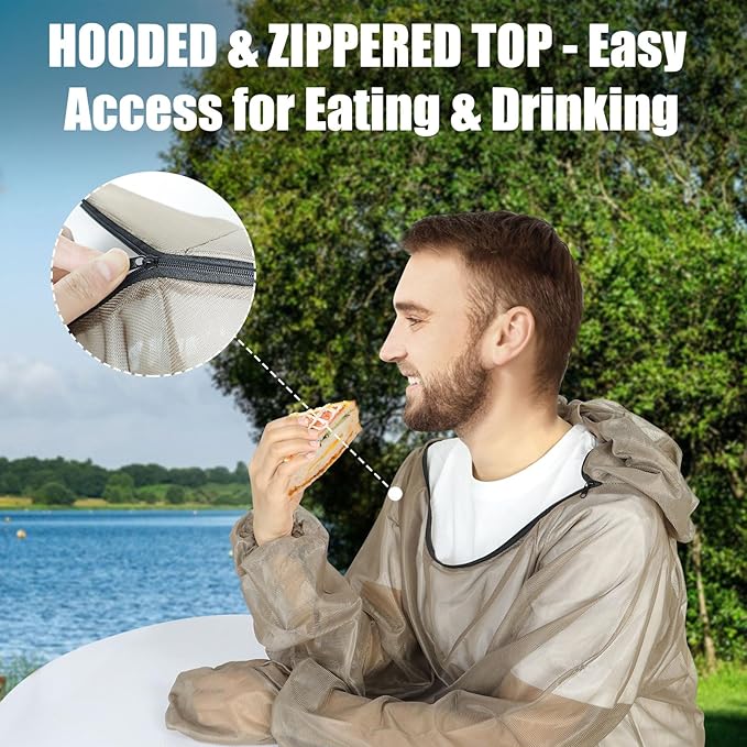 4-Piece Net Suit S/M, Full Body Jacket with Zippered Hood, Pants, Gloves & Foot Covers, Thickened Breathable Mesh, Adjustable Fit for Men & Women, Lightweight for Outdoor, Camping, Fishing & Gardening