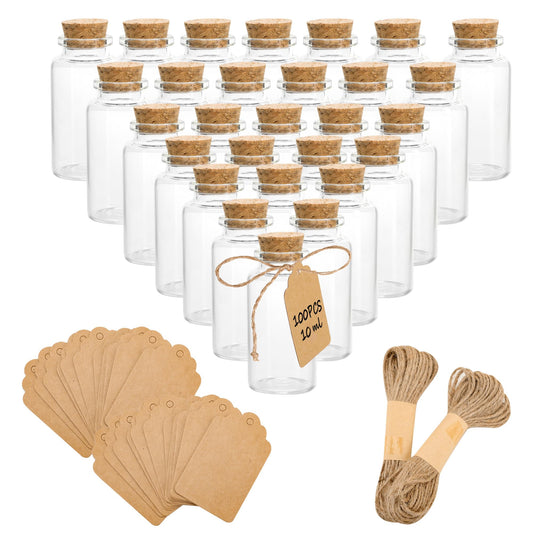 100Pack Mini Glass Bottles with Cork 10ml, Tiny Wish Bottles Mini Glass Bottles Wedding Favours, Mini Glass Vials with Cork Stoppers Label Tags and String for Crafts Decoration Wedding Party