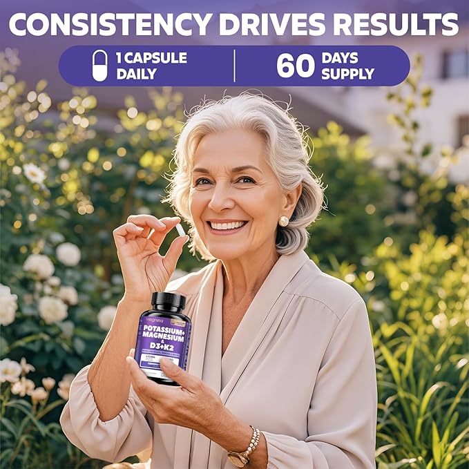 Magnesium Potassium Vitamin D3 K2 10000IU Supplement - Supports Bone, Heart, Immune Health, Mood Balance & Energy for Women & Men - Enhanced Absorption, Non-GMO - 60 Capsules