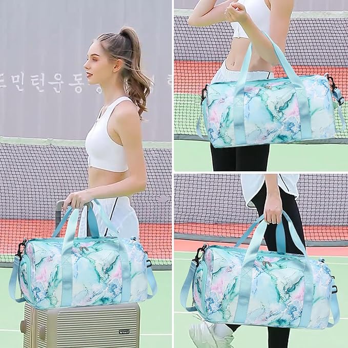 Gym Bag Sports Duffle Bag with Wet Pocket Weekender Overnight Bag with Waterproof Shoe Pouch and Air Hole for Girls Kids Women Travel Foldable Bag