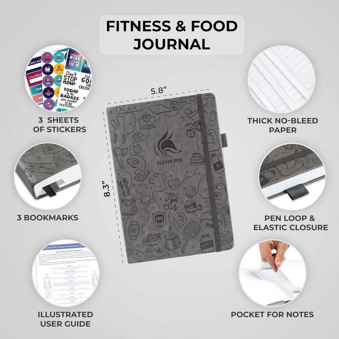 Clever Fox Fitness & Food Journal – Nutrition & Workout Planner for Women & Men – Diet & Gym Exercise Log Book with Calendars, Diet & Training Trackers - Undated, A5 Size, Hardcover (Grey)