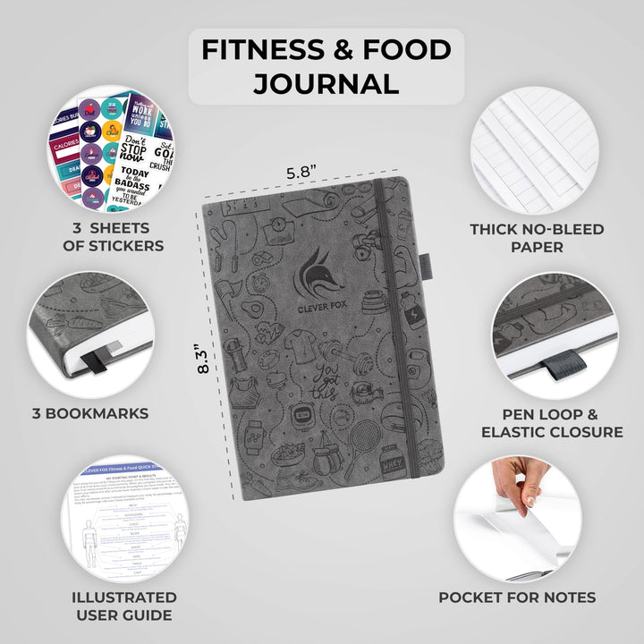 Clever Fox Fitness & Food Journal – Nutrition & Workout Planner for Women & Men – Diet & Gym Exercise Log Book with Calendars, Diet & Training Trackers - Undated, A5 Size, Hardcover (Grey)
