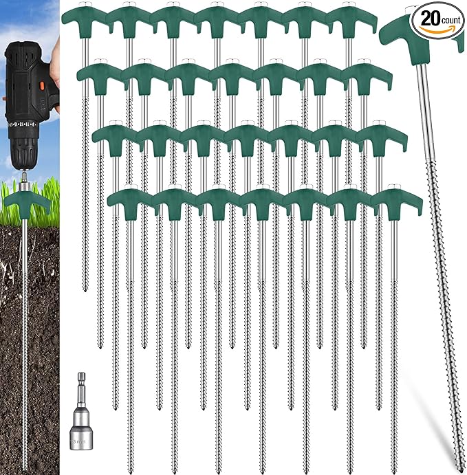 Hicarer 12 Inch Tent Stakes Screw in Camping Stakes Heavy Duty Metal Stake Ground Anchor Peg Threaded Tent Spikes with Hex Head Driver for Camping Garden Inflatable
