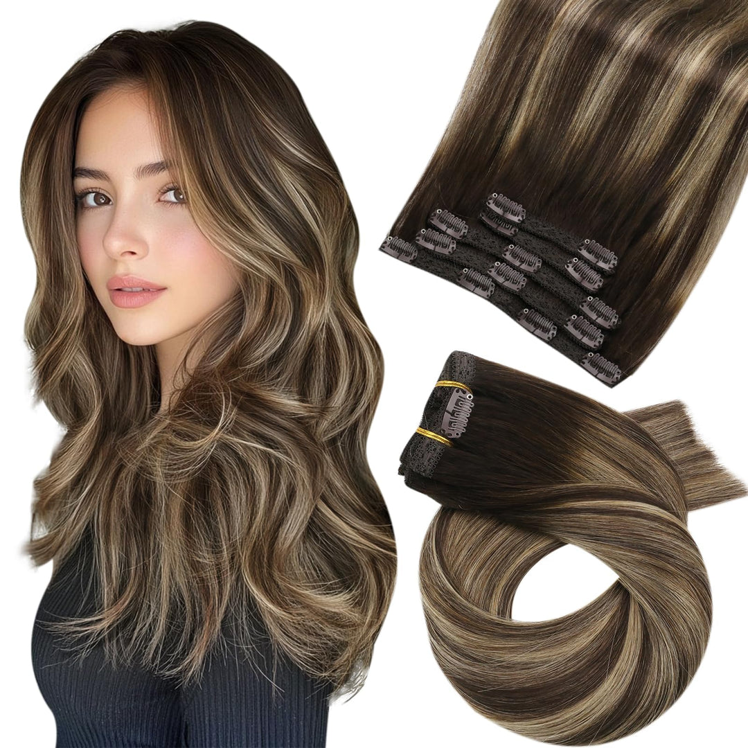 Moresoo Clip In Human Hair Extensions Balayage Clip In Hair Extensions Ombre Dark Brown Mixed With Caramel Blonde Hair Extension