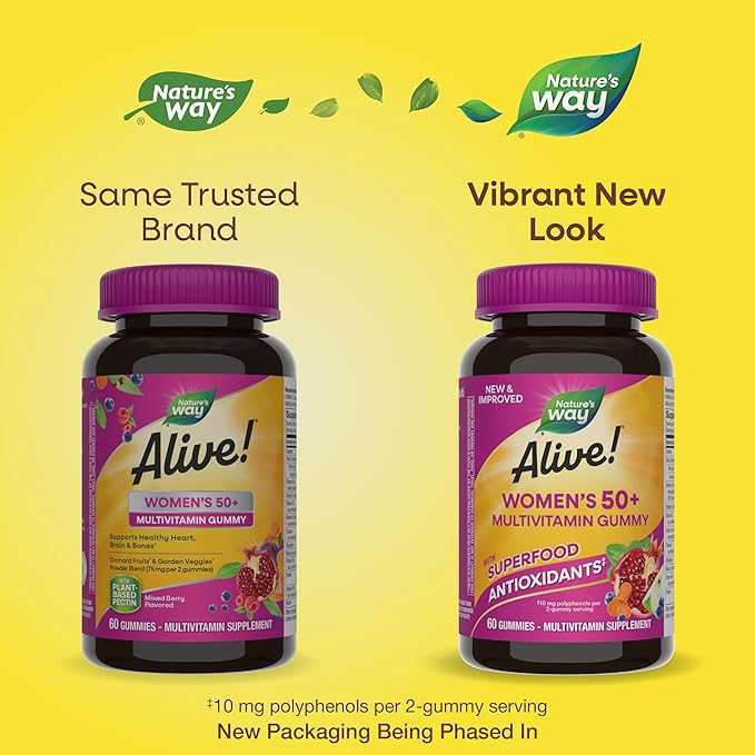 Nature's Way Alive! Women’s 50+ Daily Gummy Multivitamins, Supports Multiple Body Systems*, Supports Healthy Heart, Brain & Bones,* B-Vitamins, Mixed Berry Flavored, 60 Gummies (Packaging May Vary)