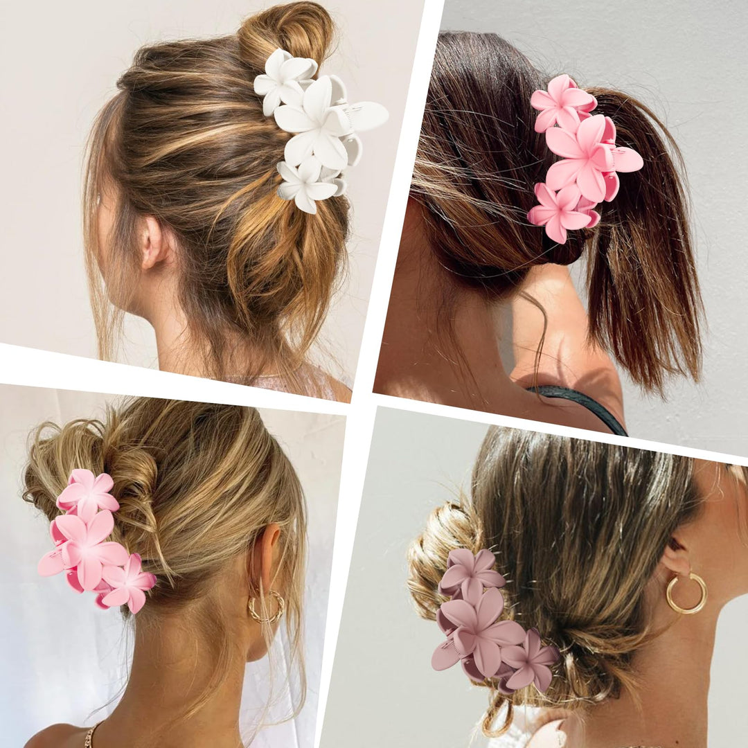 ANBALA Flower Claw Hawaiian Hair Clip, 4PCS Large Plumeria Hair Clips for Women, Non-Slip Strong Hold Clips for Thick Hair, Beach Hair Accessories (Pink, Gradient White, Dark Pink)