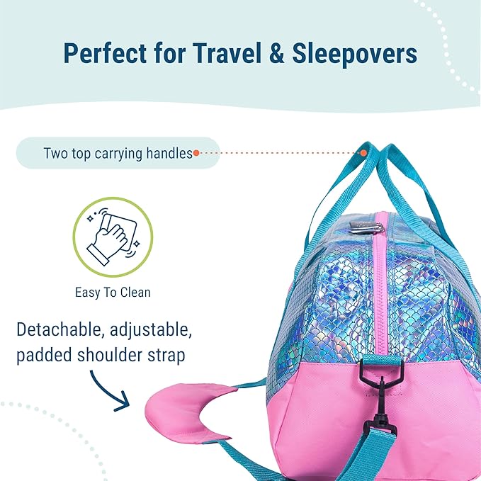 Wildkin Kids Overnighter Duffel Bag – Carry-On Size, Ideal for School & Sleepovers - Mermaid Scales