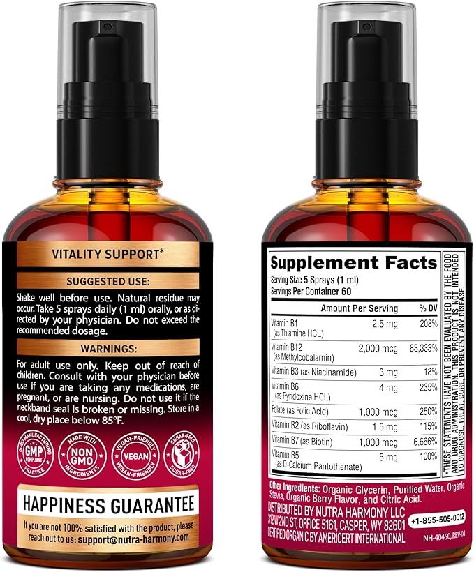 USDA Organic Vitamin B-Complex Liquid Spray 8-in-1 - B5 Pantothenic Acid | B12 Methylcobalamin | B1 Thiamine | B6 Pyridoxine | B7 Biotin | B9 Folic | B3 Niacinamide - Made in USA Supplement, 2fl oz