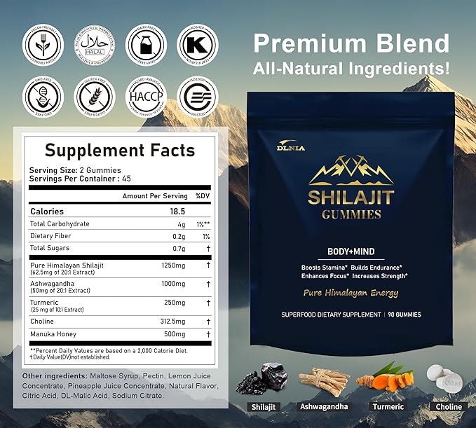 Shilajit Gummies with Ashwagandha, Turmeric - Organic, Zero Sugar & Vegan-Friendly Himalayan Shilajit for Men & Women - Energy, Calm Cosrtisol, Sleep, Immune Support & Overall Health