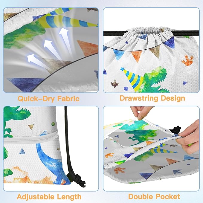 Slohif Drawstring Backpack Beach Swim Bag for Kids Draw String Dance Travel Cinch Ballet Gym Bags for Girls Boys Green Dinosaur Waterproof Backpack for Swimming Summer Camp Pool Sports Nylon Large