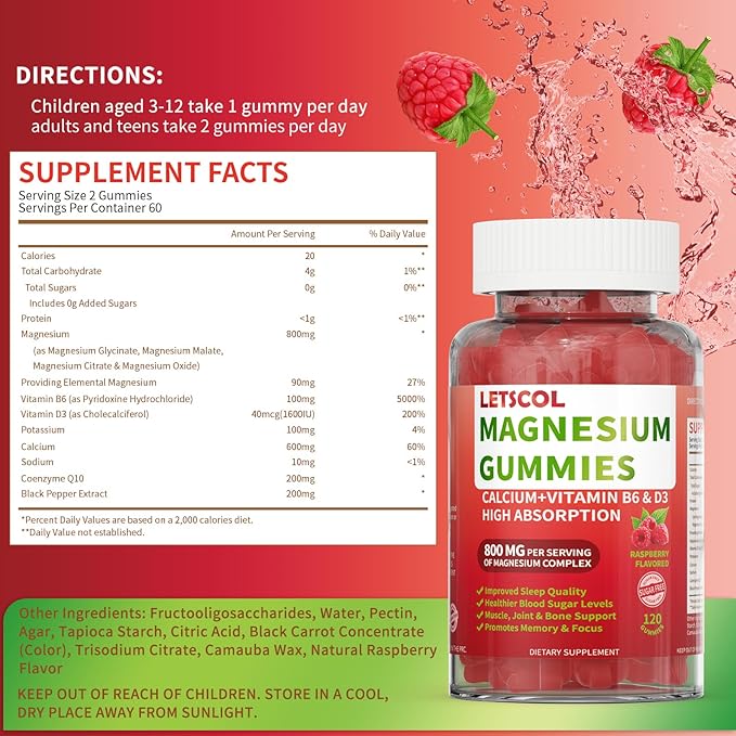 Magnesium Glycinate Gummies 800mg Per Serving, Sugar Free Magnesium Supplement with Magnesium Malate, Calcium, Vitamin D3, B6, CoQ10 for Calm Support & Sleep for Adults Kids