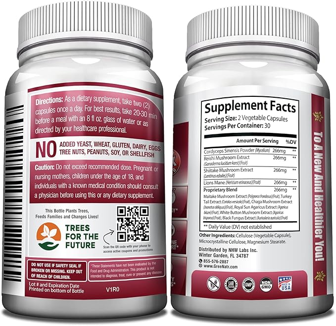 Complete Mushroom Supplement -10 in 1 Complex with Lions Mane, Cordyceps, Shiitake, Chaga, Turkey Tail for Immune Support, Memory, Focus & Natural Energy Booster - 60 Capsules (1 Bottle)