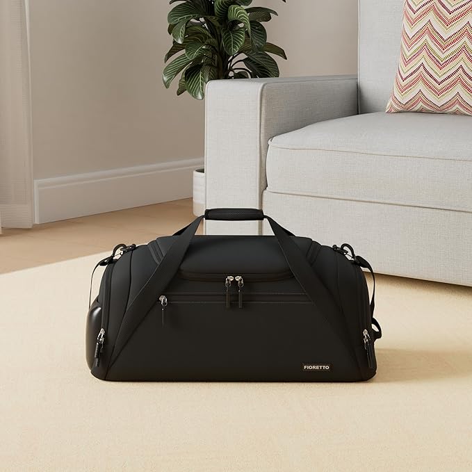 FIORETTO 43L Mens Sports Gym Bag with Wet Pocket & Shoe Compartment, Travel Duffle Bag Overnight Bag with Padded Shoulder Strap, Holdall for Swimming, Basketball, Football Black