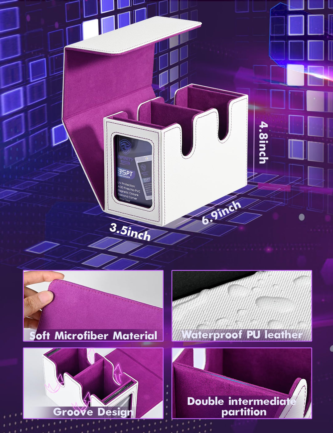 Infinity Guard MTG Deck Box with 2 Commander Display, Double Deck Box for 280+ Single Sleeved Cards, Leather Magnetic Card Storage Box Fits for TCG CCG Magic Cards (White&Purple)
